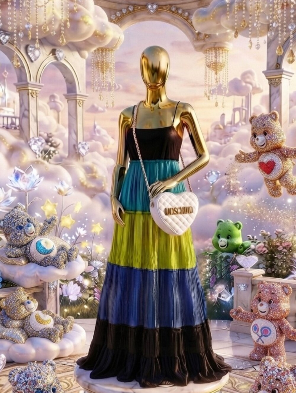 Le Chateau Tiered Colorblock Maxi Dress in Black, Teal, Lime & Royal Blue